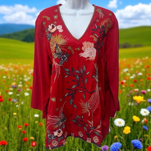 Sorrento Floral Butterfly Embroidered Boho Peasant V-Neck Blouse Size L - Picture 1 of 10